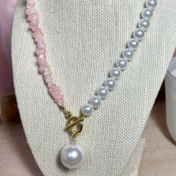Pearl Pendant Half Rose Quartz Half Pearl Necklace NEW - Picture 4 of 4